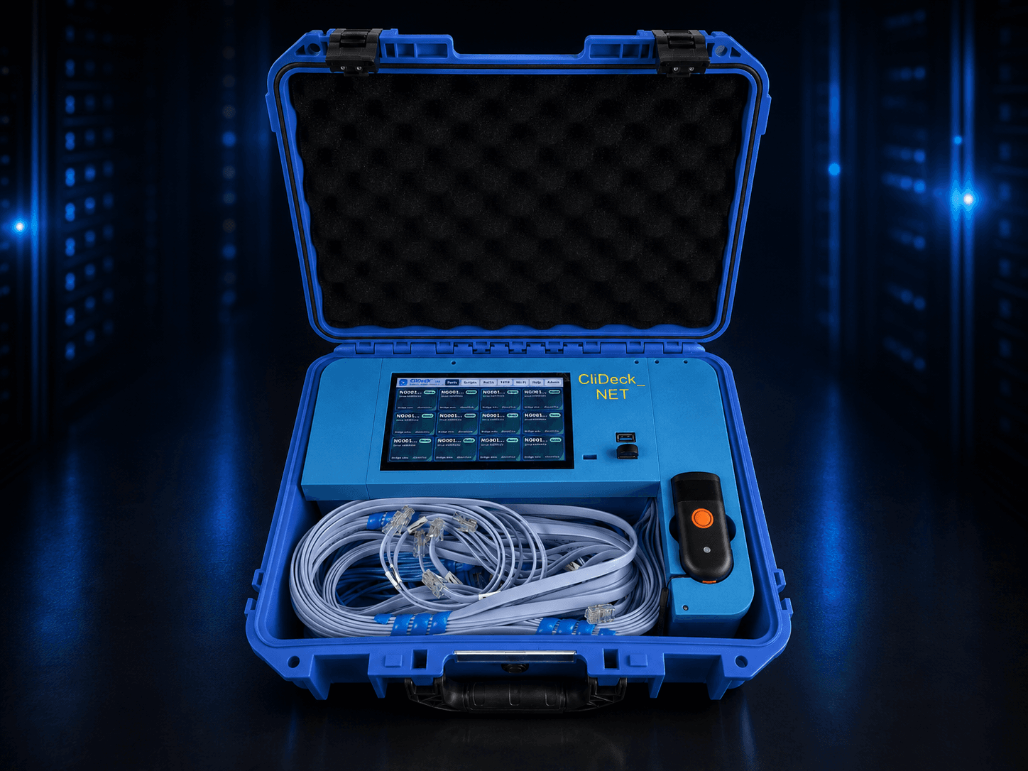 Angled CliDeck Net Controller detail showing screen, cables, and scanner inside the case