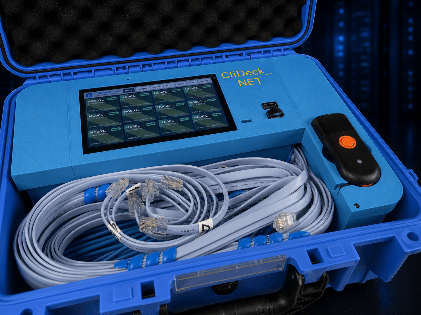 Close-up of the CliDeck Net Controller screen, cable storage, scanner, and access ports