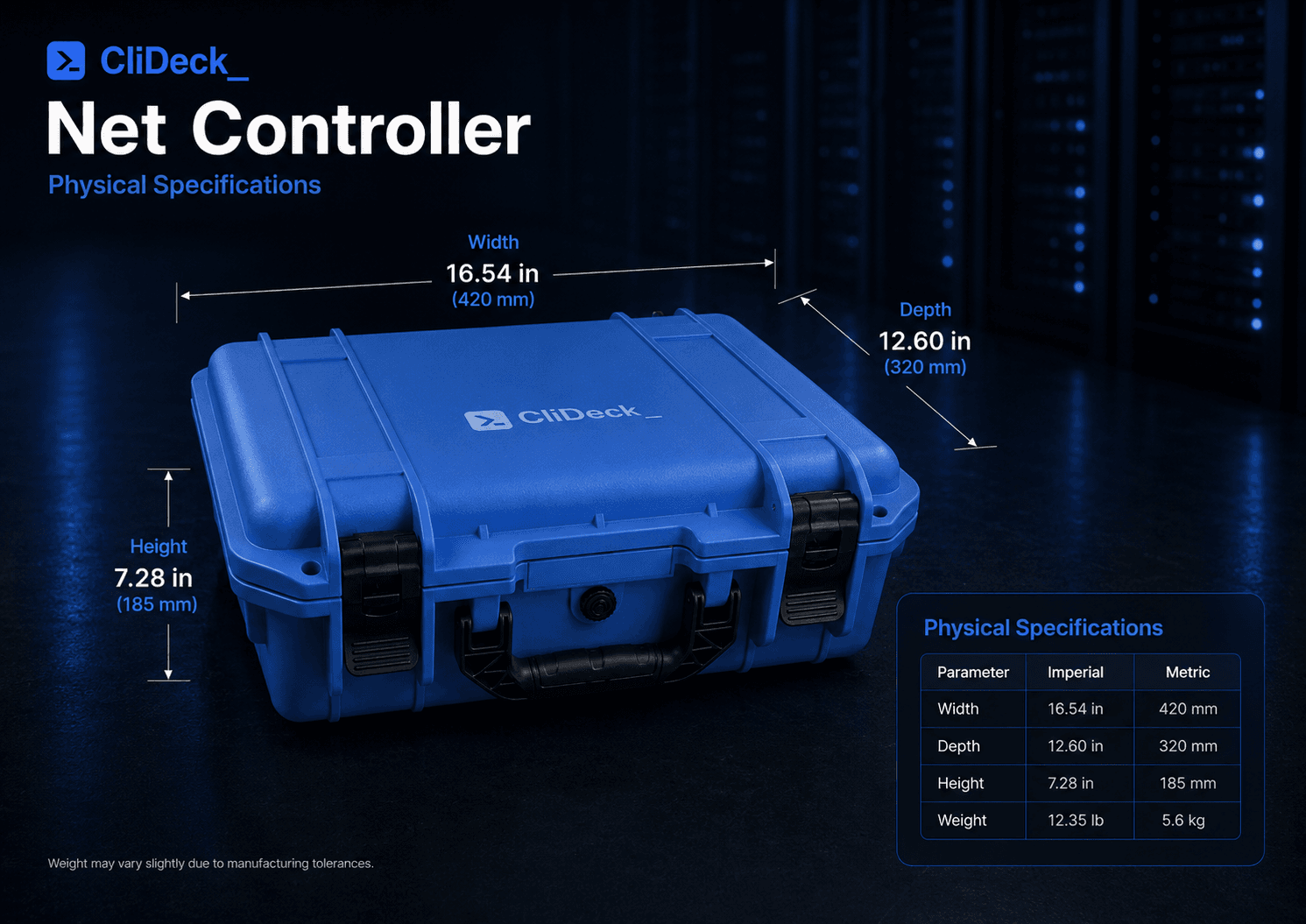 CliDeck Net Controller physical specifications with width, depth, height, and weight callouts