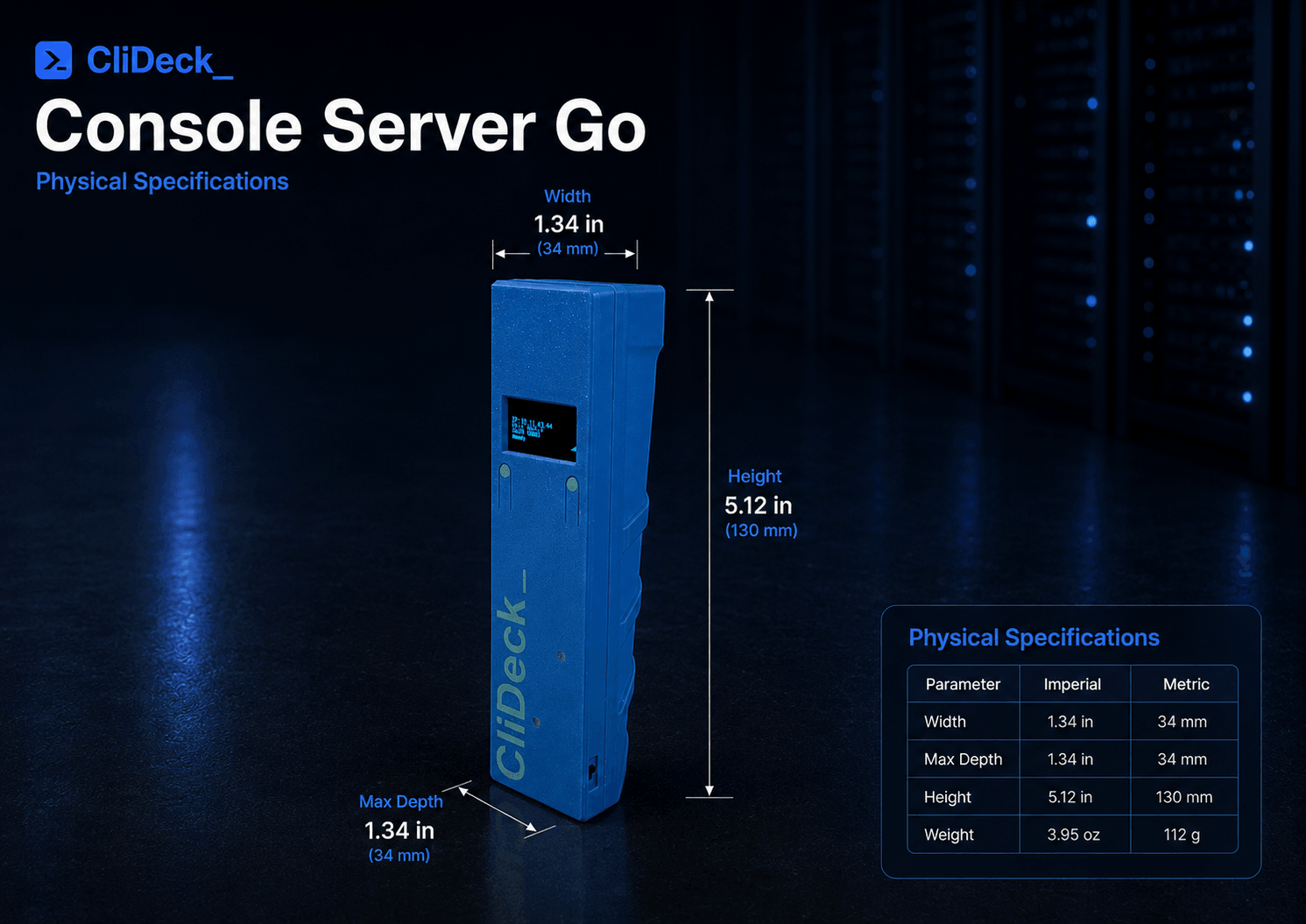 CliDeck Console Server Go physical specifications with width, max depth, height, and weight callouts