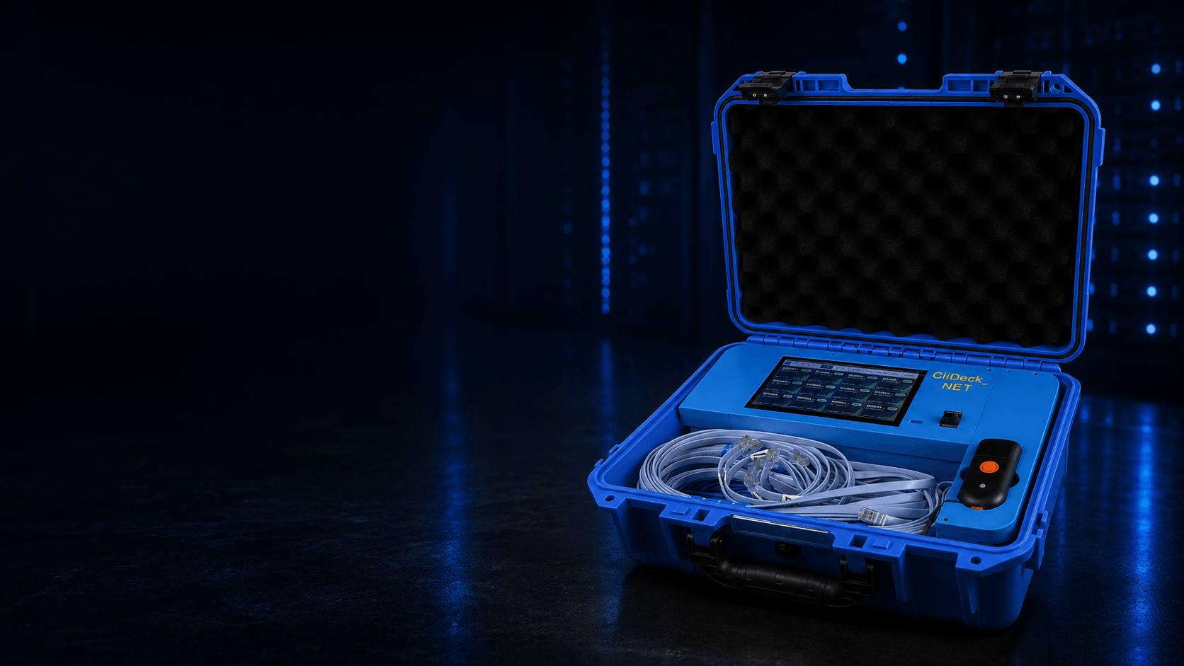 CliDeck Net Controller open rugged case with integrated screen, console cables, scanner, and portable workflow setup