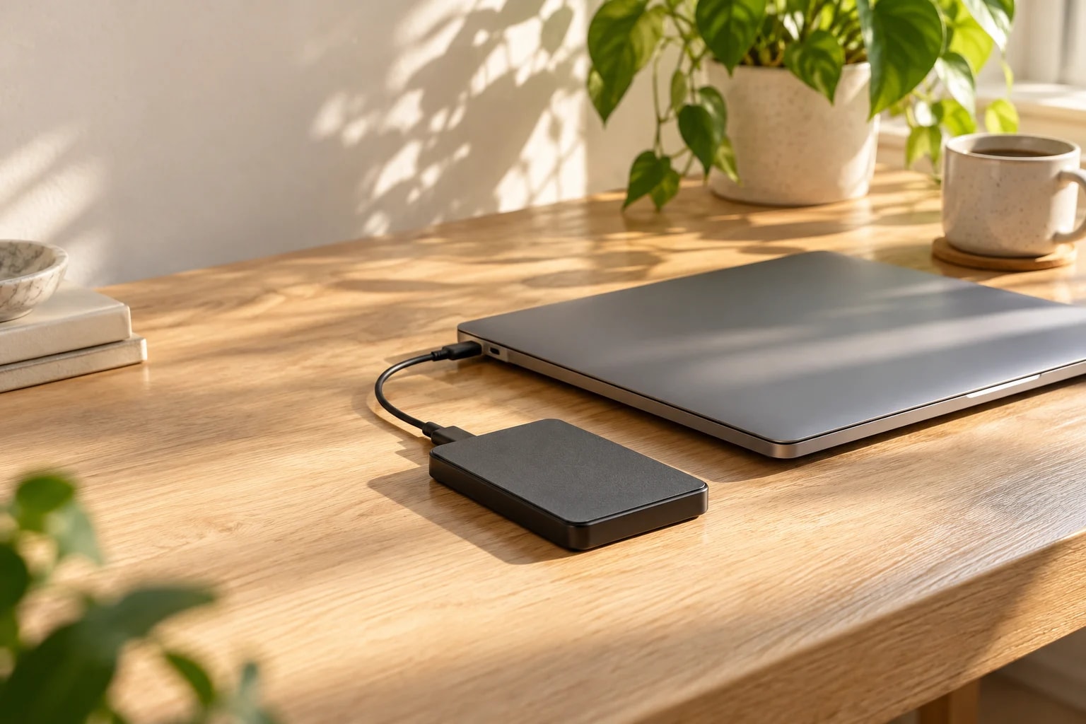 A Mac laptop connected to an external drive on a sunlit desk
